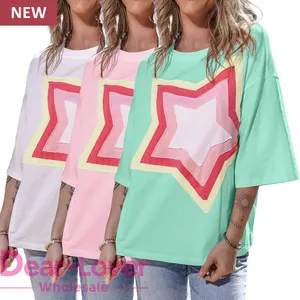 Dear-Lover Private Label High Quality Fashion Summer Short Sleeve Star Patched Oversized Graphic Tee Crew Neck T Shirt For Women