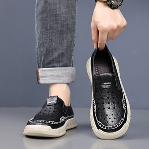 Men's Casual Hollow-Out Slip-On Loafers Soft Leather Breathable <b>Closed</b>-<b>Toe</b> Dad Shoes Walking Style Shoes - Product Image 2