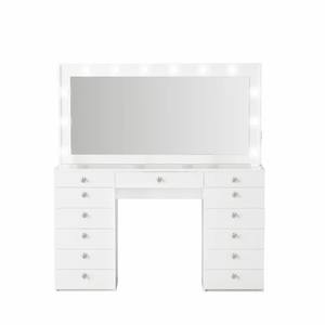 <span class=keywords><strong>Coiffeuse</strong></span> moderne blanche pour fille avec grand <span class=keywords><strong>miroir</strong></span> LED, plateau en verre et tiroirs multiples - Product Image 6