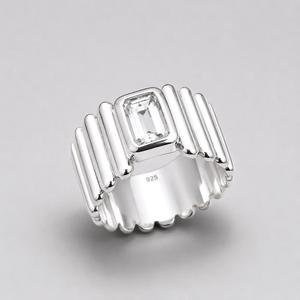 White Topaz 925 Sterling <b>Silver</b> <b>Ring</b> - Emerald-Cut <b>Solitaire</b> on Wide Ribbed Band - Product Image 6
