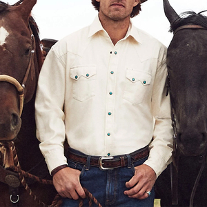 Camicia Western in <span class=keywords><strong>Denim</strong></span> 100% Cotone con Frontino Profondamente Curvato, Colore <span class=keywords><strong>Ecru</strong></span>, Lavaggio Garment, Chiusura Classica con Bottoni a Pressione - Product Image 1