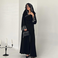 Abaya légère en polyester à devant ouvert, respirante, avec poignets brodés, ensemble deux pièces avec hijab pour femmes musulmanes adultes, tenue modeste