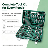 Ensemble d'outils à douilles de 216 pièces, boîte en plastique verte, kit d'outils manuels pour la réparation automobile, la réparation domestique, boîte à outils combinée pour mécanicien