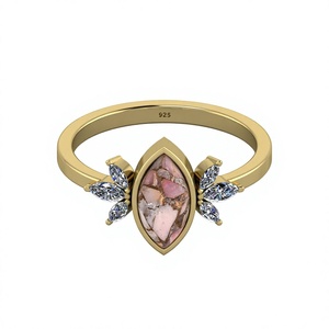 Oferta de Navidad: Anillo de Diseño Marquise de Plata de Ley 925 Genuina con Ópalo Rosa y Cobre, Engaste de Bisel, Joyería Fina para Fiesta - Product Image 1