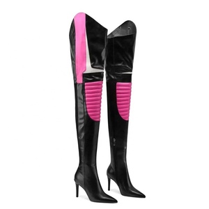 Botas de mujer de colores variados, por encima de la rodilla, con tacón alto y delgado, cremallera lateral, punta fina, talla grande 44, botines altos hasta el muslo. - Product Image 6