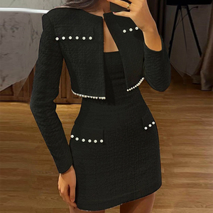 Elegante elegante manica lunga Slim in <span class=keywords><strong>Tweed</strong></span> con perla impreziosita <span class=keywords><strong>giacca</strong></span> e madreperla abbellimento Mini abito 2 pezzi Set <span class=keywords><strong>donna</strong></span> - Product Image 2