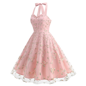 Osisa <span class=keywords><strong>2025</strong></span>女性ヨーロッパスタイルドレスメッシュ刺繍ホルターネックノースリーブVネック女性エレガント女の子Aラインパーティードレス - Product Image 4