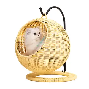 Synthetic PE Rattan Pet Hanging Hammock Swing Bed For Small Dogs And Cats With Cushion Handmade Wicker Cat Bed