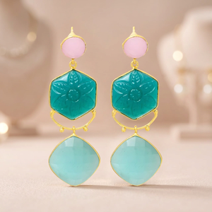 Boucles d'oreilles pendantes en argent faites à la main avec pierre précieuse en quartz plaqué or, style bohème ethnique, cadeau de fiançailles - Product Image 2