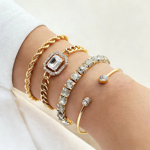 Hot Sell Vintage Gold Plated Square Diamond <b>Adjustable</b> <b>Bracelet</b> Bangles Set High Polished Charm Gold <b>Bracelet</b> for Women Jewelry - Product Image 1