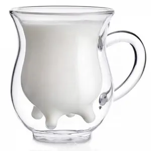 Tazza di vetro di mucca di latte a doppia parete in vetro borosilicato fatto a mano trasparente resistente al calore personalizzato