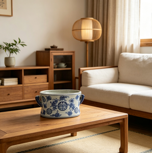 Vaso in ceramica blu e bianco con smalto craquelé fatto a mano, design tradizionale cinese Doppia <span class=keywords><strong>Felicità</strong></span>, con due manici, in porcellana. - Product Image 4