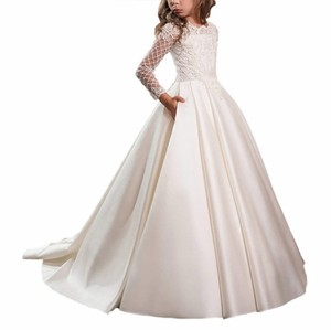 Robes de demoiselles d'honneur en satin pour enfants, robes de cérémonie à manches longues en dentelle pour petites filles - Product Image 1