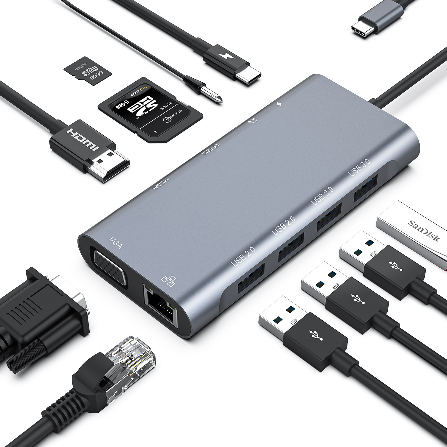 Grey 11-in-1 hdmi+vga+audio+rj45+usb301+203+sd+tf+pd