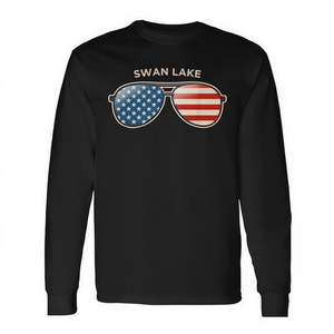 T-shirt a maniche lunghe Swan Lake con bandiera USA e occhiali da sole, design unisex per adulti, girocollo, stampa digitale, abbigliamento promozionale - Product Image 3