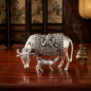 Estatua Religiosa Intrincada de Kamdhenu, Ídolo de Vaca y Ternero, Decoración Tradicional para Templos Hindúes, Tallados en Plata Pura con Relieves de Divinitades, Decoración para el Hogar - Product Image 5