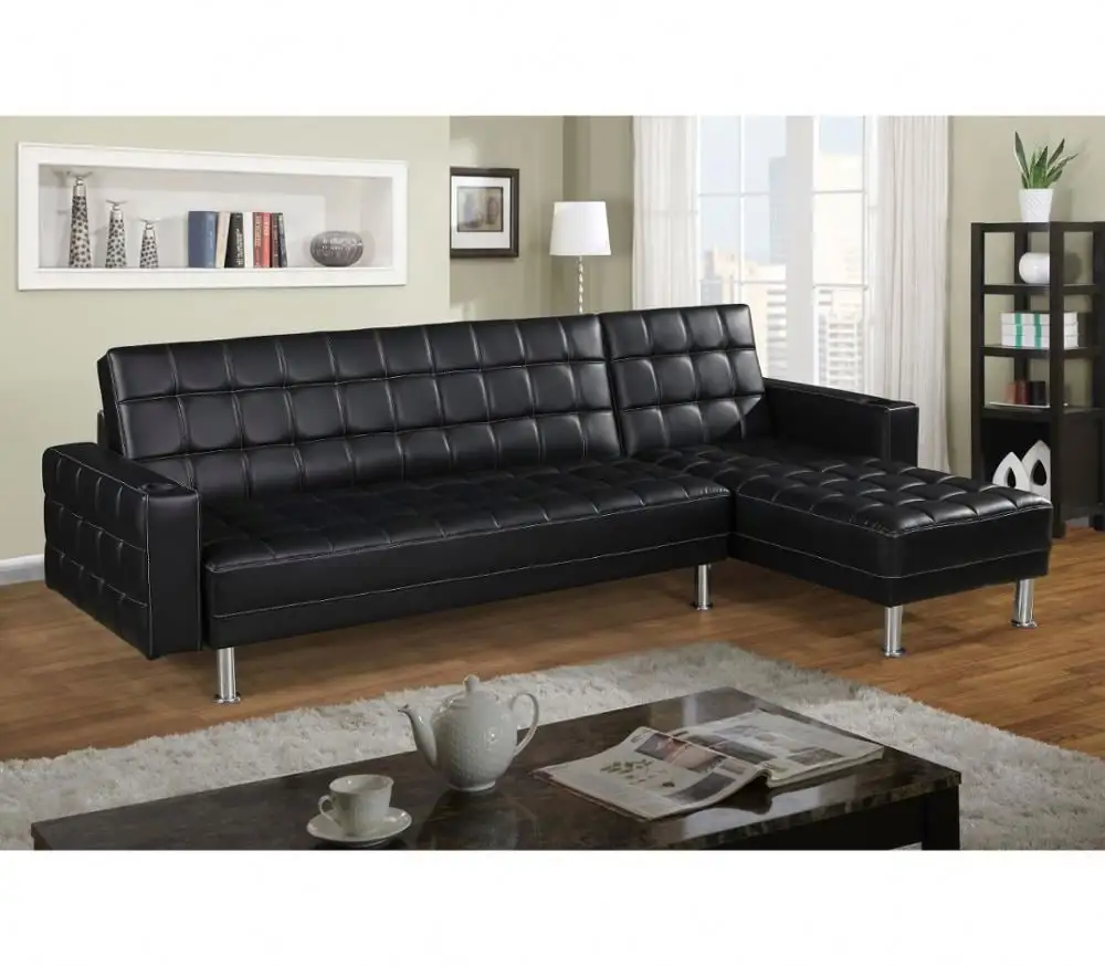 Moderne Zwart Lederen Opvouwbare L I-Vorm Sofa Cum Bed Huismeubilair