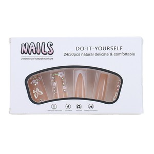 Ongles à presser style européen et américain, 24 pièces, longs, forme cercueil, <span class=keywords><strong>rose</strong></span> nude, French manucure <span class=keywords><strong>avec</strong></span> <span class=keywords><strong>strass</strong></span> papillon – Vente chaude - Product Image 4