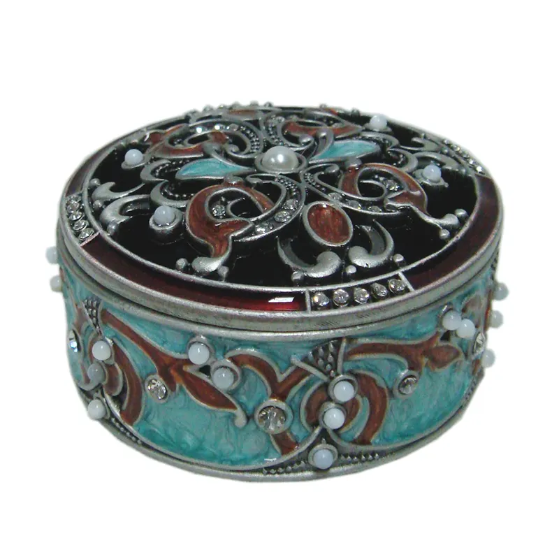 Pewter Plated Round Decorative Metal Enamel Jewelry Trinket Box