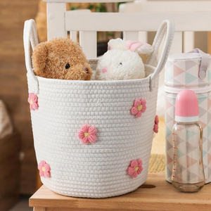 Cestos de Corda de Algodão Trançados para Organização com Flor 3D, Cesto de Roupa Redondo para Berçário, Cesto de Armazenamento Pequeno para Lavanderia - Product Image 5