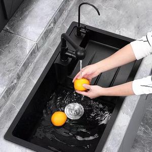 Évier de cuisine en quartz noir à poser sous plan, double niveau, grande cuve unique en granit pour usage domestique - Product Image 1