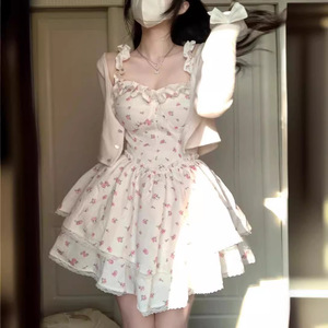 French Style White Floral Print Sundress For Women Sweetheart Neck <b>Elastic</b> Waist Princess Tulle <b>Skirt</b> Daily Casual Dress - Product Image 2