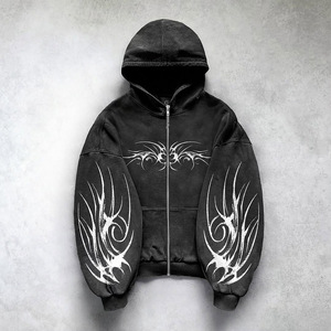 Sudadera con Capucha Negra Gótica para Hombre, con Cierre, 100% Algodón Ecológico, Estampado Tribal, Ropa Urbana de Invierno - Product Image 1