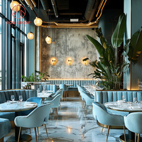 Ensemble de mobilier de restaurant de luxe : chaises en velours bleu, tables basses commerciales en marbre, banquette incurvée – Durable et écologique