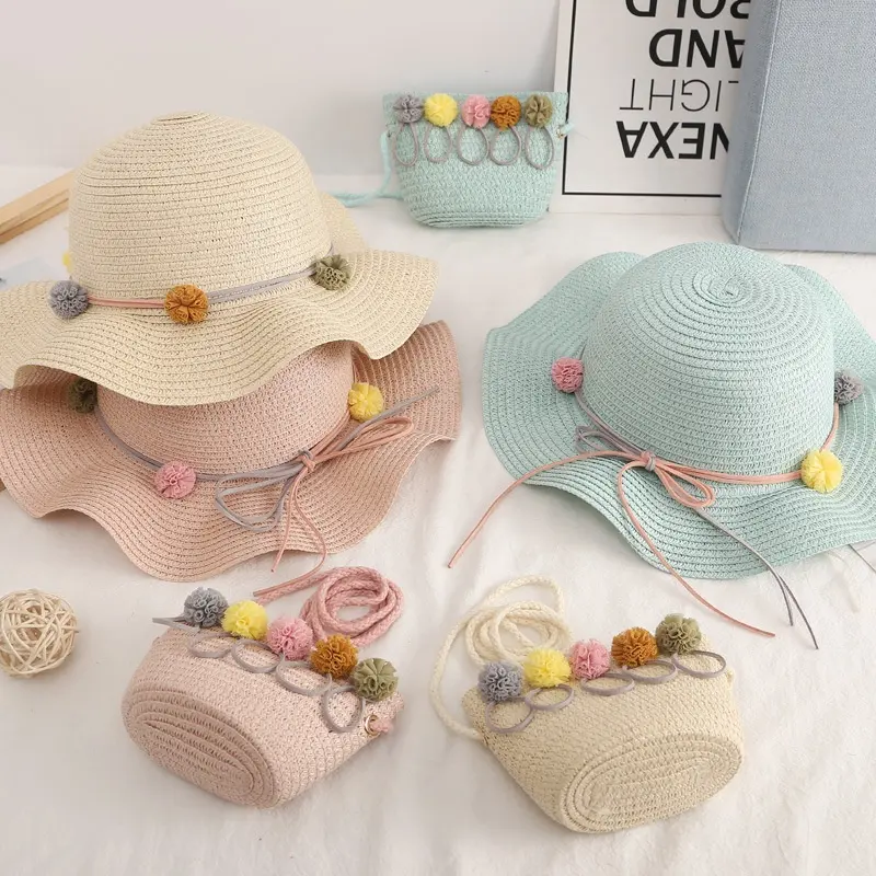 FREE SHIPPING CUSTOM kids baby children toddler sun summer beach girl straw cap hat and bags set with purse bag for kids BABY