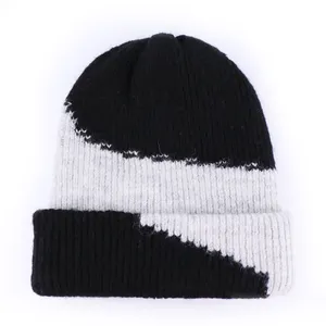 Manufacturer long premium chunky fashion jacquard beanie double layer black and white stripe cow print cuffed beanie hat