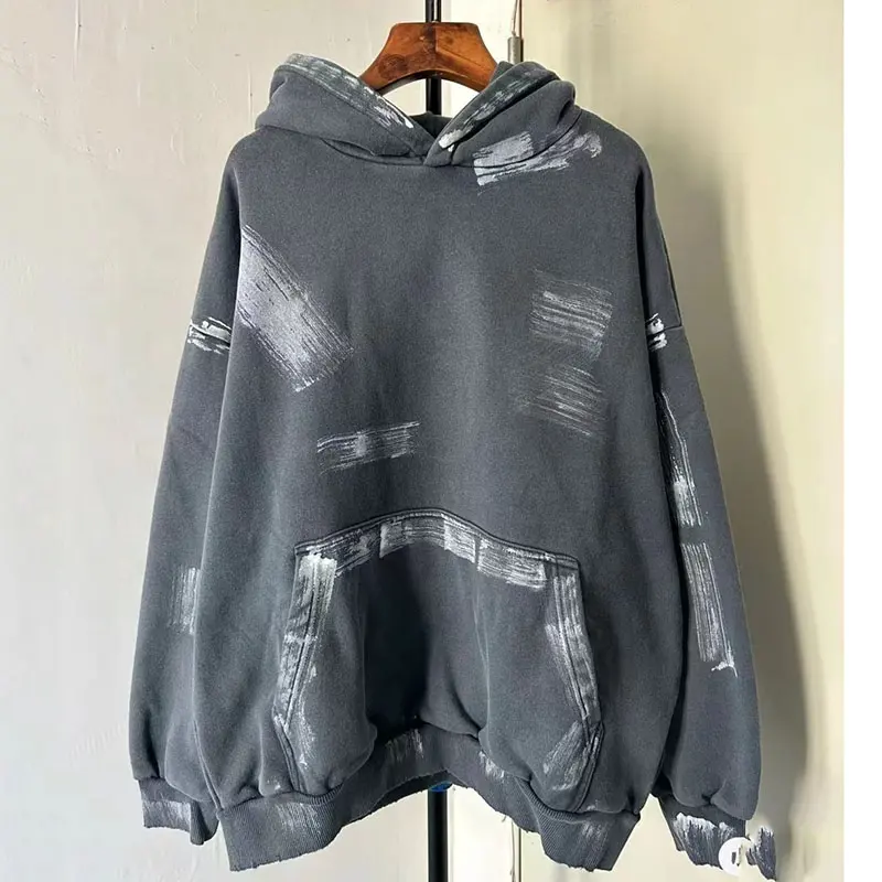 Low Moq Custom Black Acid Wash 450 Gsm Franse Badstof 100% Katoen Drop Shoulder Katoen Geschilderde Hoodies