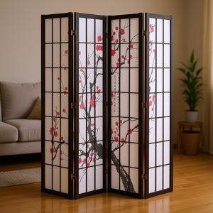 Paravent pliant en bois à 4 panneaux de style japonais, translucide, séparateur de pièce, décoratif, pour chambre à coucher, portable - Product Image 2