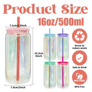 China Warehouse Iridescent Shimmer rainbow Plated Blank Sublimation 16oz <b>Beer</b> Glass Can with Colored Lids and Straw - Product Image 4