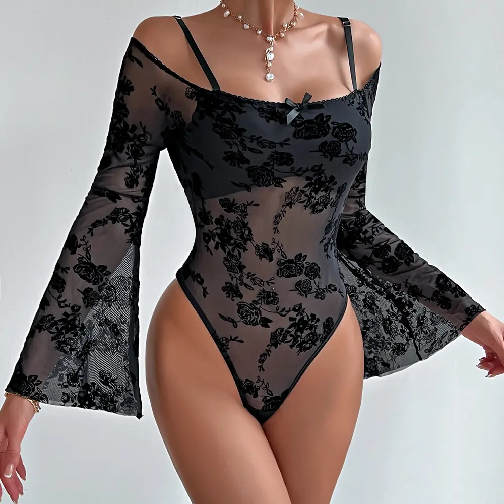 002X 2024 New Sexy Teddy Bodysuit for women Transparent Floral Embroidered Long Wide Sleeves Mesh Perspective Lace Jumpsuit