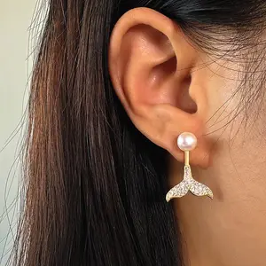 Joyería Tuswans, pendientes de cola de sirena, pendientes de perlas femeninos, Pendientes colgantes traseros de diamantes completos de moda simples