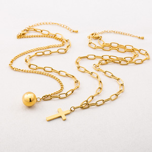 European American Style Gold Plated Titanium Steel Double Layer <b>Cross</b> Necklace Unisex Short Multi Layer Clavicle <b>Chain</b> - Product Image 3