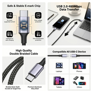 สายดาต้า <span class=keywords><strong>Type</strong></span> <span class=keywords><strong>C</strong></span> สายชาร์จเร็ว 240W 5A แบบ <span class=keywords><strong>USB</strong></span> <span class=keywords><strong>C</strong></span>  ผลิตตามสั่งจากโรงงาน ความยาว 1 ม. 2 ม. 3 ม. สายถักไนลอน สายชาร์จ USBC to USBC - Product Image 4