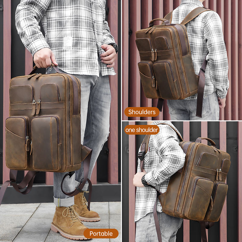 Custom LOGO Vintage Pure Cowhide Laptop Back Pack Bag Crazy Horse  Leather Men Genuine Cow Real Leather Backpack