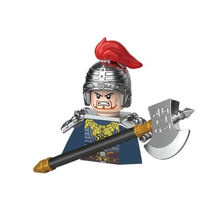 Peluru Abad Pertengahan dari ketiga kerajaan ksatria tentara senjata pedang helm baja emas figur berlapis blok bangunan mainan Mini