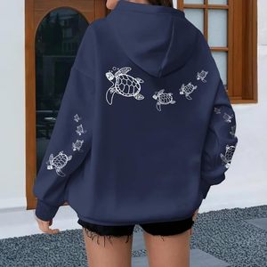 FOXA Sweat-shirt à capuche surdimensionné en polaire pour femme, motif tortue de mer, épaules tombantes, pull décontracté thème océan - Product Image 2