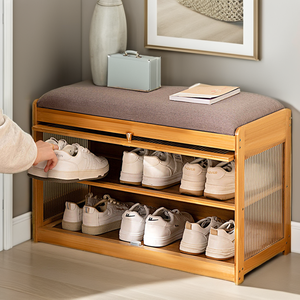 Banc de rangement à chaussures moderne en bambou transparent à 2 niveaux avec coussin pour salon, entrée, chambre et couloir - Product Image 2