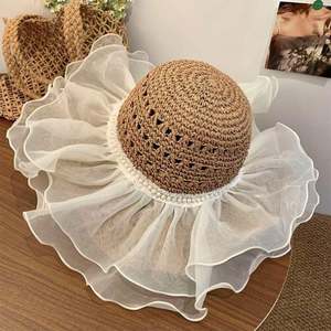 Chapeau de paille coloré en dentelle, grand bord, style pêcheur, pliable, pour l'été, voyage en extérieur, protection solaire - Product Image 2