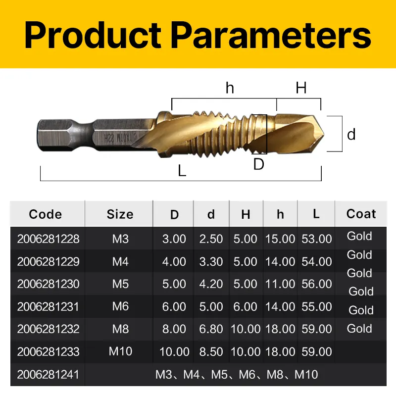 HUHAO steel coated thread drilling tap high speed steel with Cobalt gold coat screw drilling taps 2006281222