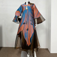 Robe élégante à col montant, imprimé graphique, en polyester respirant, avec empiècements en maille, manches larges, coupe ample, longueur cheville, pour femmes arabes
