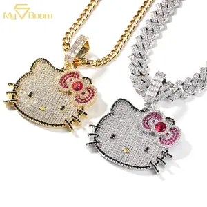 Zircon cubique glacé plaqué or 18 carats bijoux Hello Cat Kitty breloque en laiton mignon chat dessin animé pendentif collier pour femmes enfants
