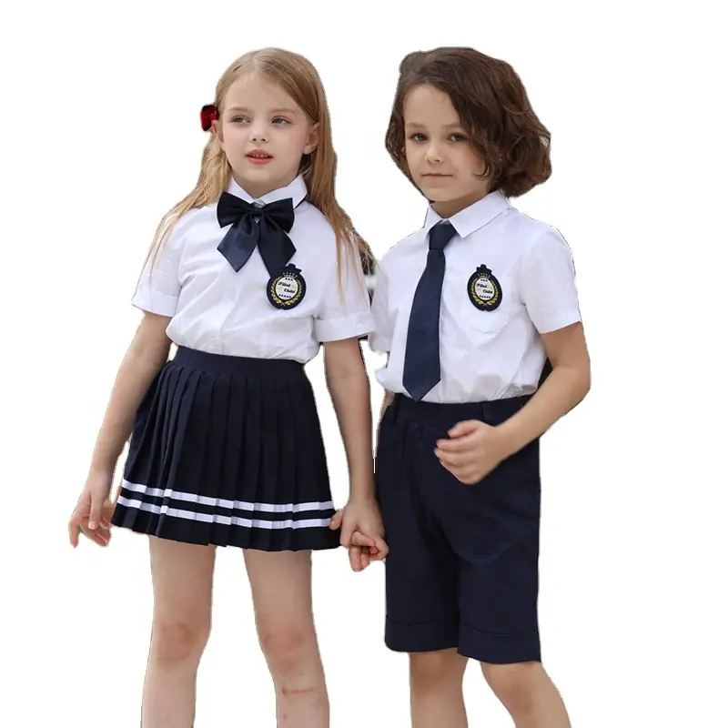 子供のためのカスタム高品質のユニフォームカラー男の子と女の子の白いシャツ一次二次高校の就学前のドレスのユニフォームデザイン
