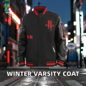 Custom Men’s Varsity <b>Jacket</b> Black Wool Body PU Leather Sleeves Embroidered <b>Baseball</b> <b>Bomber</b> <b>Jacket</b> with Ribbed Collar & Cuffs - Product Image 2