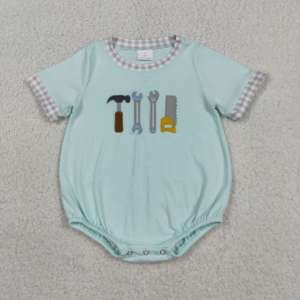 Combinaison pour bébé garçon avec applique poisson, combinaison sans manches bleu clair avec broderie poisson à carreaux, tenue d'été pour enfants - Product Image 6