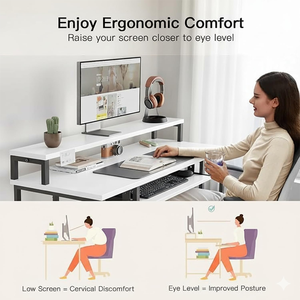 Muebles de Oficina de Diseño Moderno - <span class=keywords><strong>Escritorio</strong></span> Estilo Panel de Madera con Soportes para Monitor, Archivador de Tela, Mesa para Escribir/Jugar, Estantes y Ganchos - Product Image 6