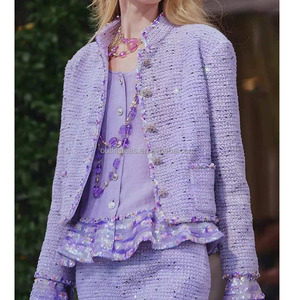 Conjunto de Traje de Tweed Elegante para Mujer, Bordado con Lentejuelas, Cristales y Perlas, Estilo Floral, Chaqueta de Tweed Lila con Lentejuelas de Algodón - Product Image 2